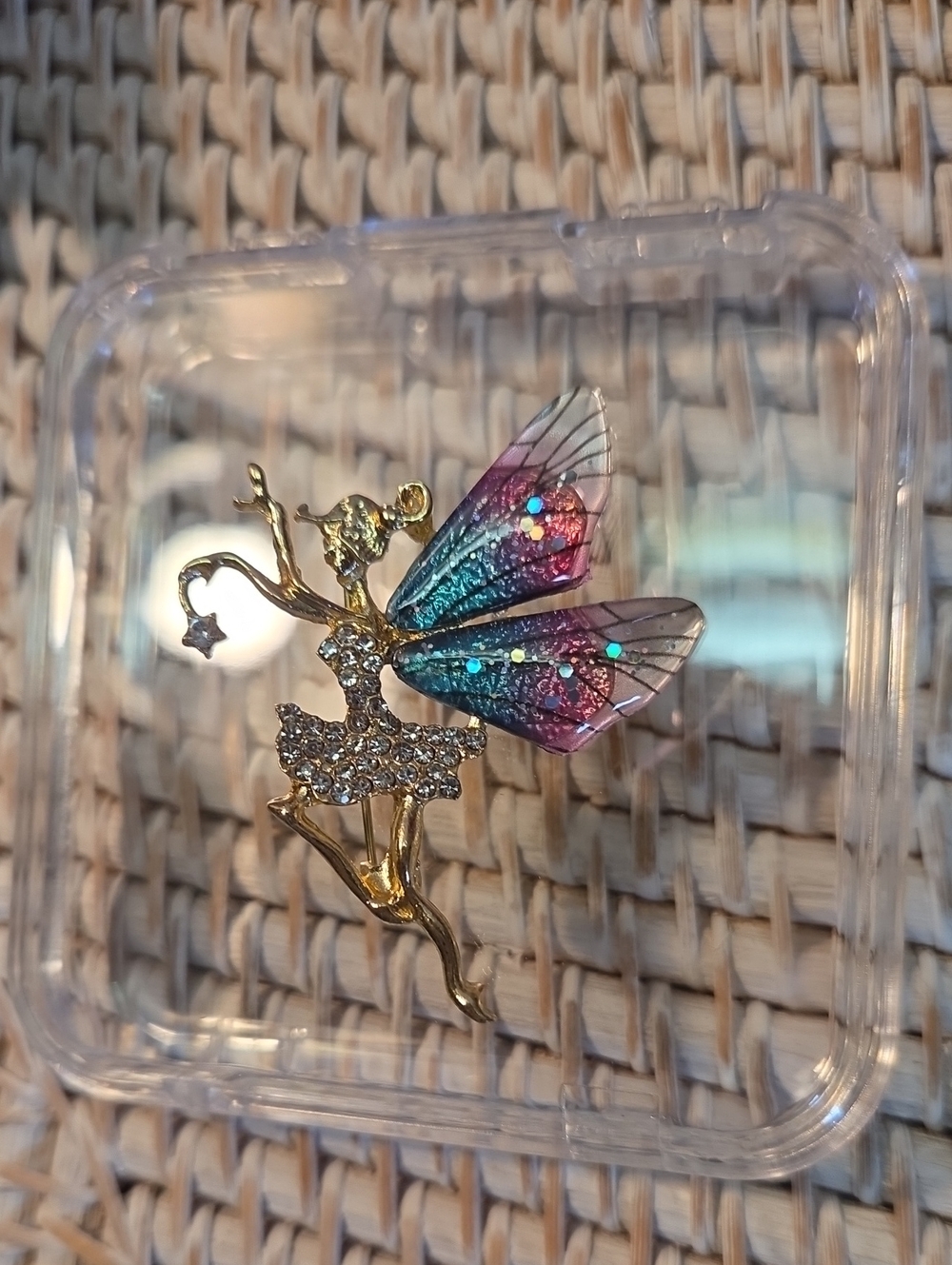 Gold Fairy Brooch with Pink and Blue Glitter Wings